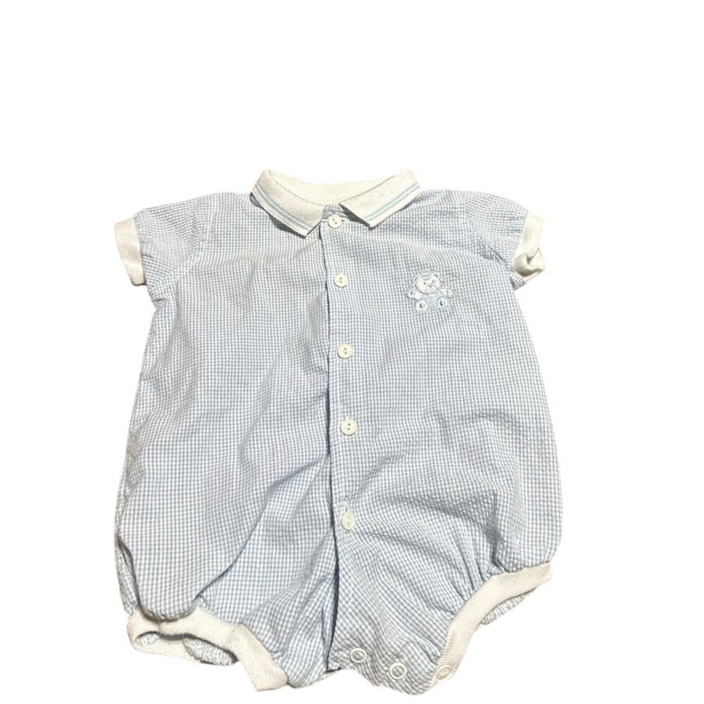 Little Miracles light blue gingham romper collared neckline bear detail 0-3 mth